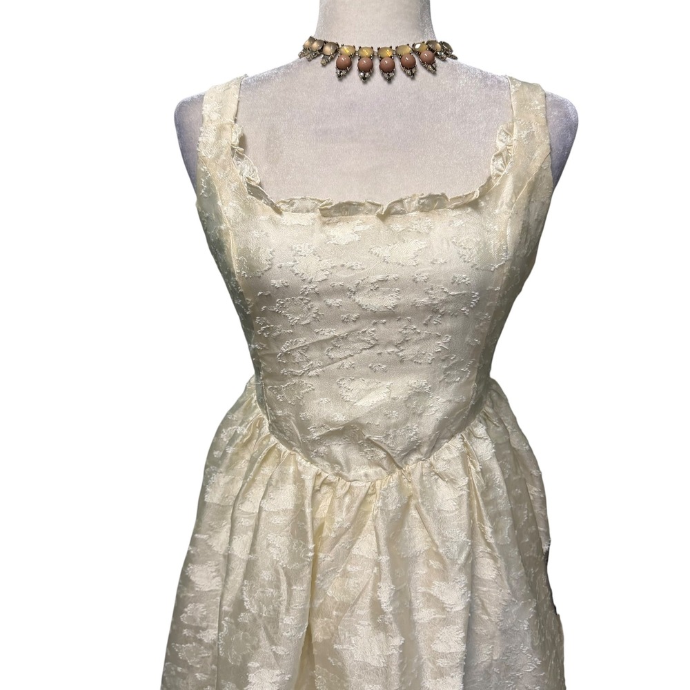 Lulus Dress Women M‎ Basque Cream Floral Jacquard Ruffle Square Neck Midi A-Line - Picture 7 of 11